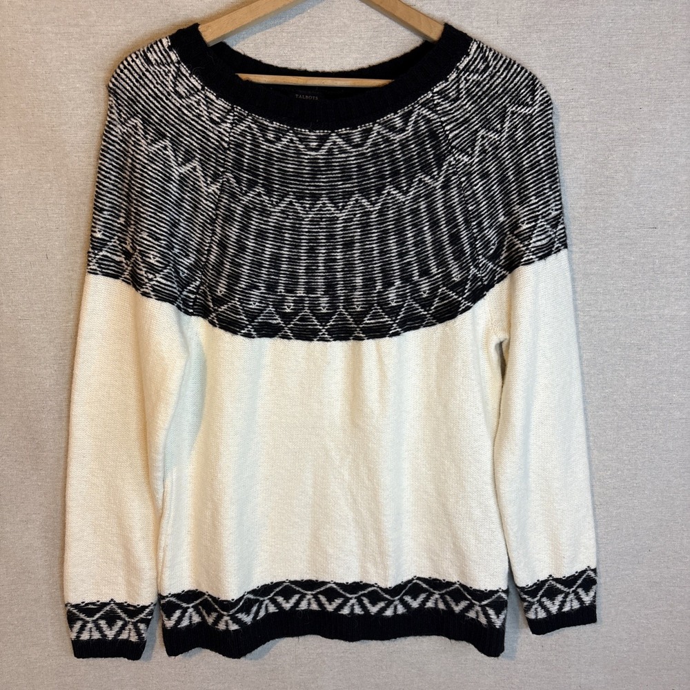 Talbots Womens Crewneck Sweater Large Fuzzy‎ Fair Isle Wool Blend Ivory Black - Picture 8 of 8